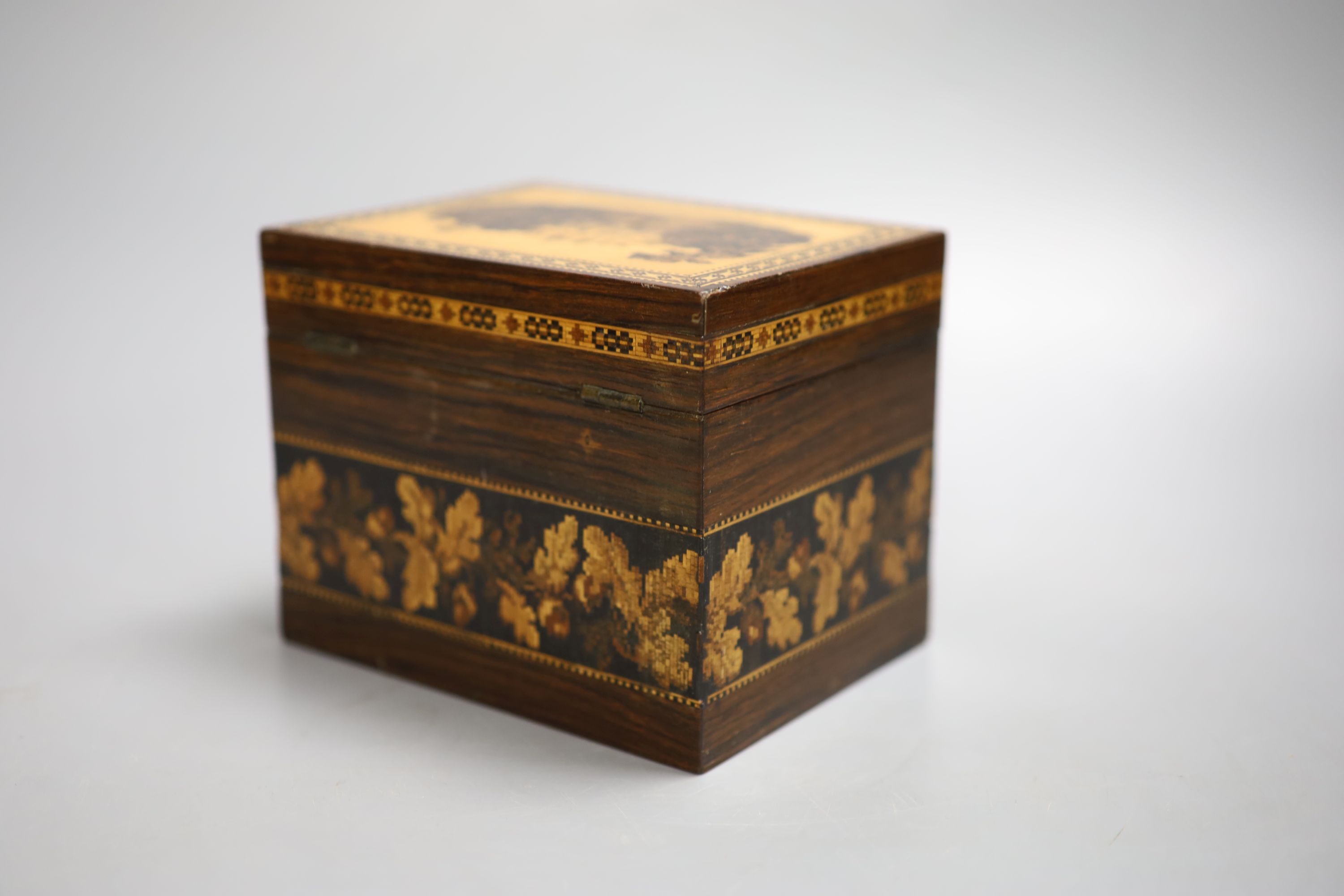 A late Victorian Tunbridge Ware rosewood tea caddy, inlaid to the top with Warwick Castle, W 14, H 11.5cm D 11cm